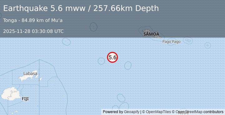 Earthquake 130 km WNW of Hihifo, Tonga (5.6 mww) (2025-11-28 03:30:08 UTC)