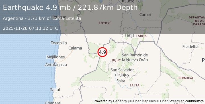Earthquake 115 km W of Abra Pampa, Argentina (4.9 mb) (2025-11-28 07:13:32 UTC)