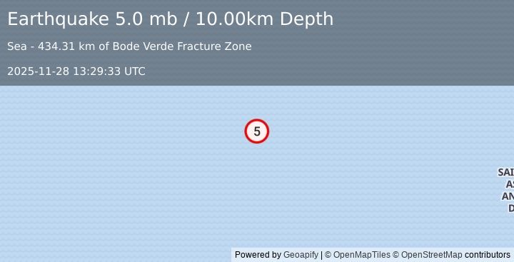 Earthquake southern Mid-Atlantic Ridge (5.0 mb) (2025-11-28 13:29:33 UTC)