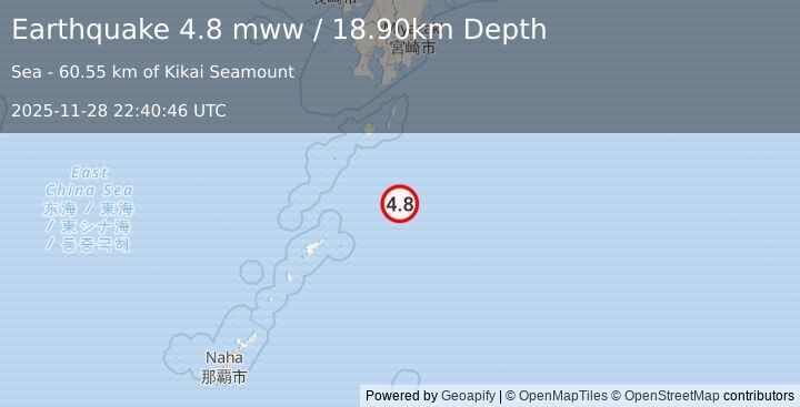 Earthquake 142 km SSE of Koshima, Japan (4.8 mww) (2025-11-28 22:40:46 UTC)