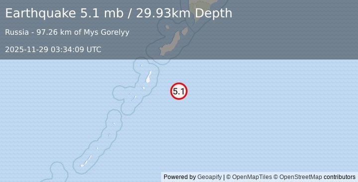 Earthquake 181 km S of Severo-Kuril’sk, Russia (5.1 mb) (2025-11-29 03:34:09 UTC)