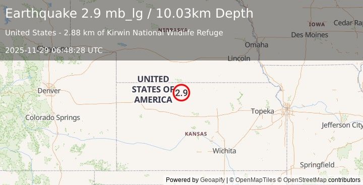 Earthquake 7 km W of Kirwin, Kansas (2.9 mb_lg) (2025-11-29 06:48:28 UTC)