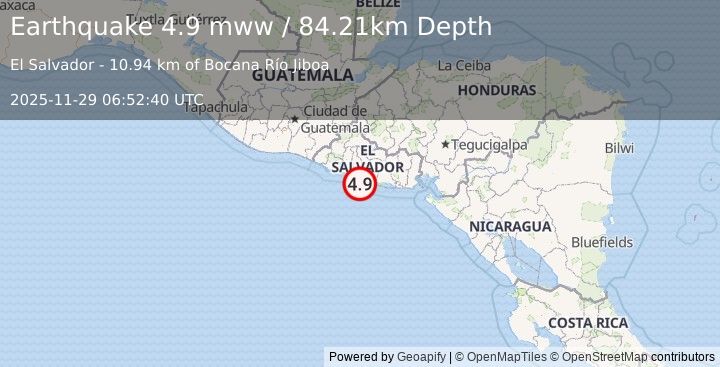 Earthquake 26 km SSW of El Rosario, El Salvador (4.9 mww) (2025-11-29 06:52:40 UTC)