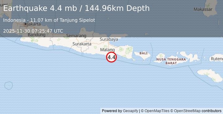 Earthquake 37 km SSE of Dampit, Indonesia (4.4 mb) (2025-11-30 07:25:47 UTC)