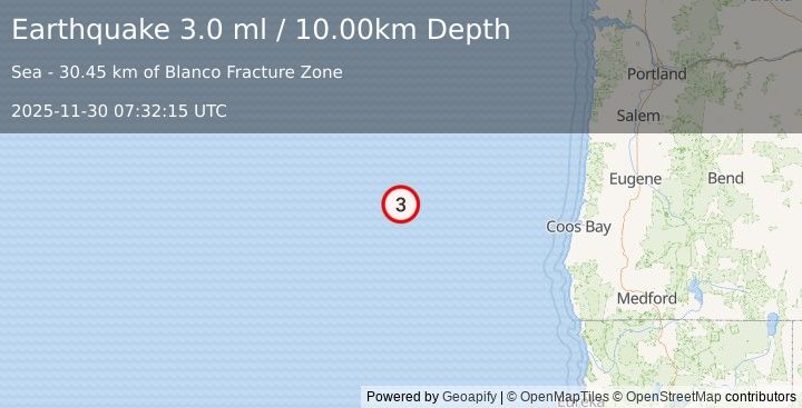 Earthquake 275 km WNW of Bandon, Oregon (3.0 ml) (2025-11-30 07:32:15 UTC)