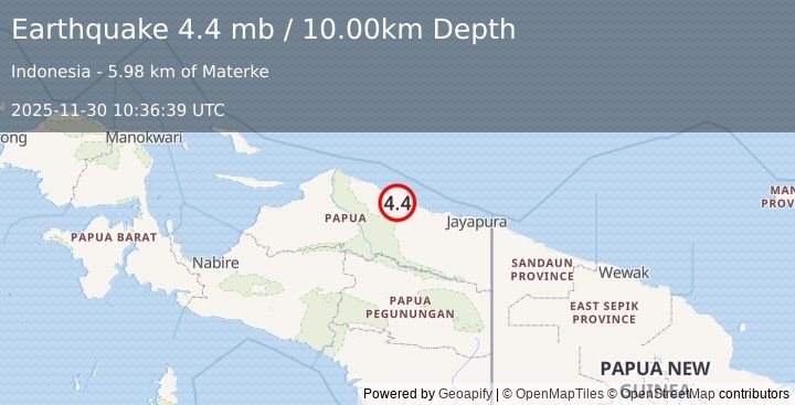 Earthquake 174 km WNW of Abepura, Indonesia (4.4 mb) (2025-11-30 10:36:39 UTC)