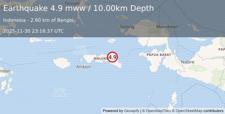 Earthquake 142 km ENE of Masohi, Indonesia (4.9 mww) (2025-11-30 23:16:37 UTC)