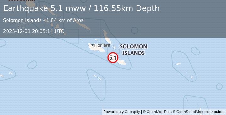 Earthquake 60 km WNW of Kirakira, Solomon Islands (5.1 mww) (2025-12-01 20:05:14 UTC)