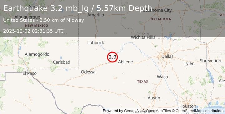 Earthquake 14 km NE of Hermleigh, Texas (3.2 mb_lg) (2025-12-02 02:31:35 UTC)