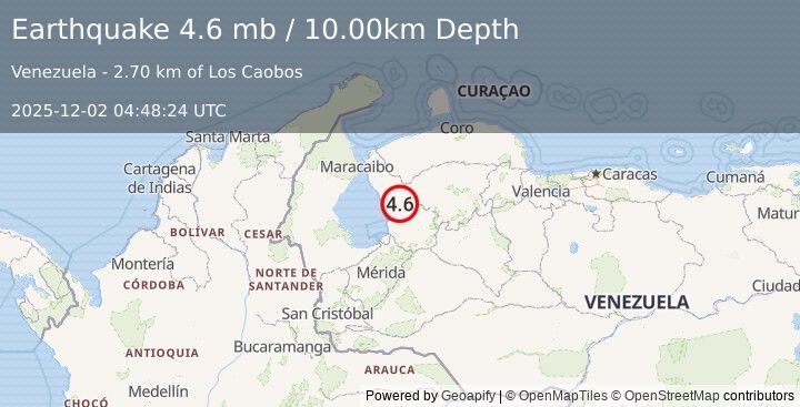 Earthquake 17 km ENE of Mene Grande, Venezuela (4.6 mb) (2025-12-02 04:48:24 UTC)