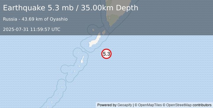 Earthquake 111 km SSE of Severo-Kuril’sk, Russia (5.3 mb) (2025-07-31 11:59:57 UTC)