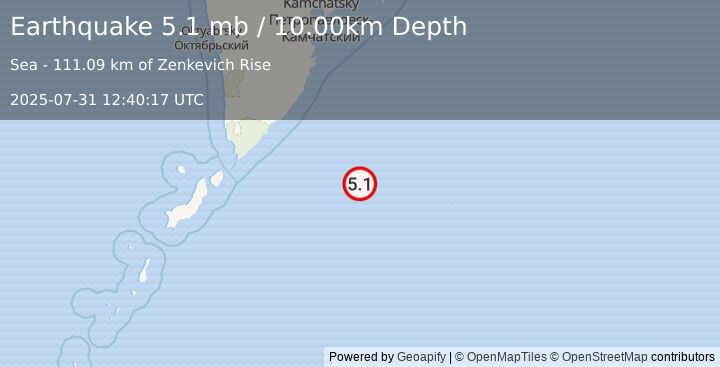 Earthquake 229 km ESE of Ozernovskiy, Russia (5.1 mb) (2025-07-31 12:40:17 UTC)