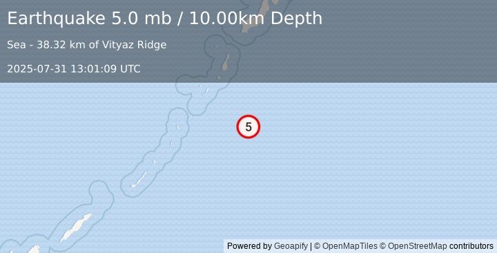 Earthquake 289 km S of Severo-Kuril’sk, Russia (5.0 mb) (2025-07-31 13:01:09 UTC)