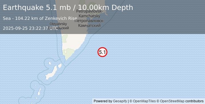 Earthquake 189 km SSE of Vilyuchinsk, Russia (5.1 mb) (2025-09-25 23:22:37 UTC)