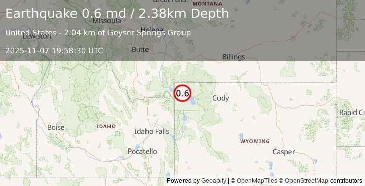 Earthquake 31 km E of West Yellowstone, Montana (0.6 md) (2025-11-07 19:58:30 UTC)