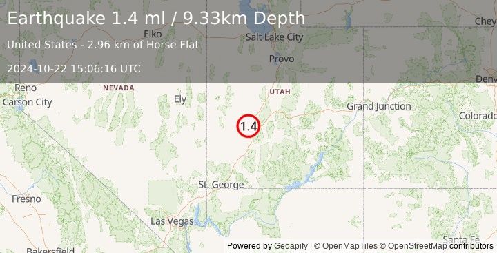 Earthquake 31 km NE of Milford, Utah (1.4 ml) (2024-10-22 15:06:16 UTC)