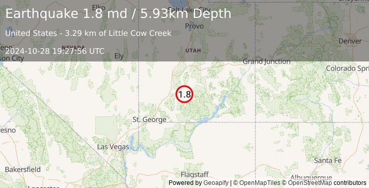 Earthquake 18 km SSW of Antimony, Utah (1.8 md) (2024-10-28 19:27:56 UTC)