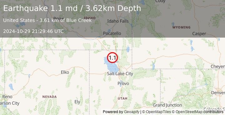 Earthquake 14 km SW of Thatcher, Utah (1.1 md) (2024-10-29 21:29:46 UTC)