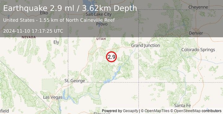 Earthquake 23 km WNW of Hanksville, Utah (2.9 ml) (2024-11-10 17:17:25 UTC)