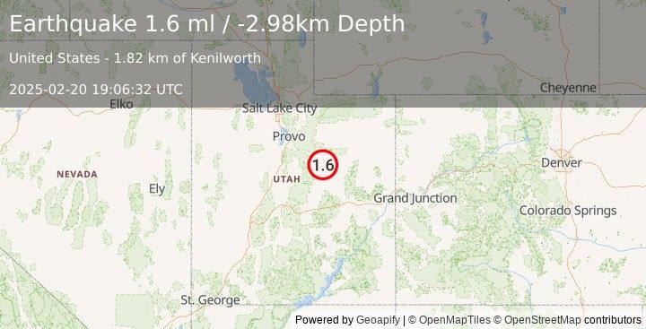 Earthquake 1 km WNW of Kenilworth, Utah (1.6 ml) (2025-02-20 19:06:32 UTC)