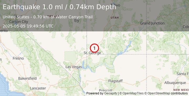 Earthquake 10 km SW of New Harmony, Utah (1.0 ml) (2025-05-05 19:49:56 UTC)