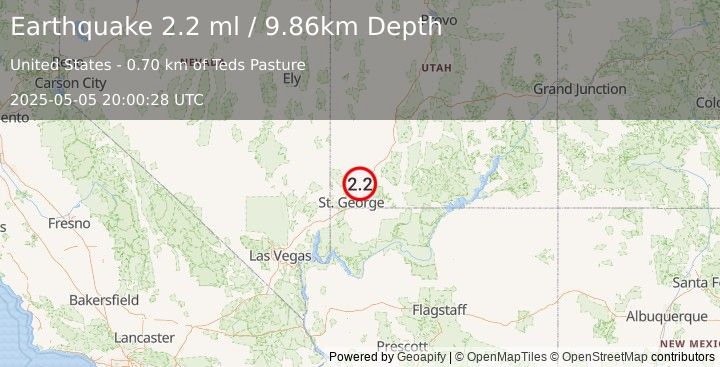 Earthquake 9 km SW of New Harmony, Utah (2.2 ml) (2025-05-05 20:00:28 UTC)