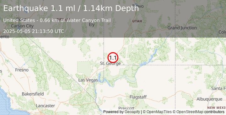 Earthquake 10 km SW of New Harmony, Utah (1.1 ml) (2025-05-05 21:13:50 UTC)