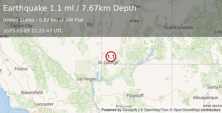 Earthquake 7 km SW of New Harmony, Utah (1.1 ml) (2025-05-05 21:21:47 UTC)