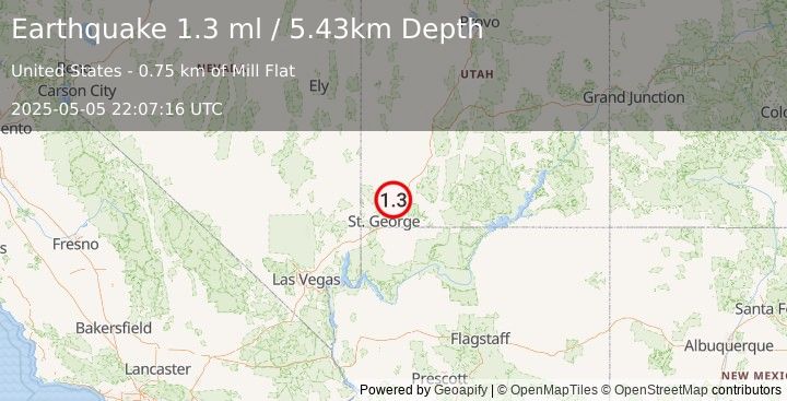 Earthquake 9 km SW of New Harmony, Utah (1.3 ml) (2025-05-05 22:07:16 UTC)