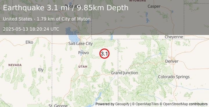 Earthquake 1 km SSW of Myton, Utah (3.1 ml) (2025-05-13 18:20:24 UTC)