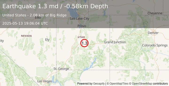 Earthquake 15 km WNW of Emery, Utah (1.3 md) (2025-05-13 19:06:04 UTC)