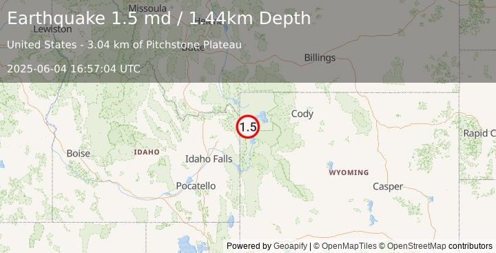 Earthquake 44 km ENE of Warm River, Idaho (1.5 md) (2025-06-04 16:57:04 UTC)