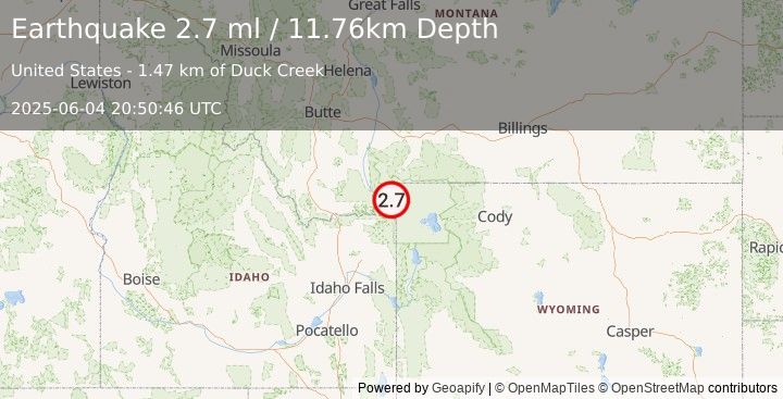 Earthquake 3 km E of Hebgen Lake Estates, Montana (2.7 ml) (2025-06-04 20:50:46 UTC)