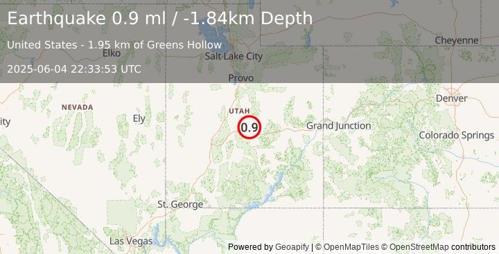 Earthquake 16 km NW of Emery, Utah (0.9 ml) (2025-06-04 22:33:53 UTC)