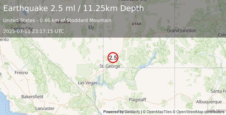 Earthquake 11 km NNW of New Harmony, Utah (2.5 ml) (2025-07-11 23:17:15 UTC)