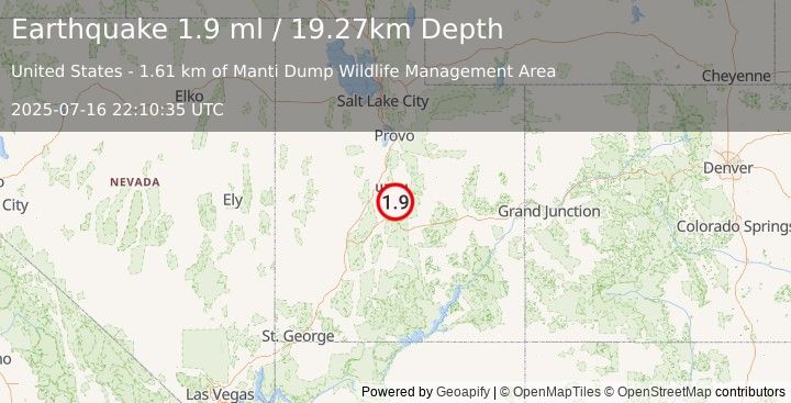 Earthquake 5 km ENE of Sterling, Utah (1.9 ml) (2025-07-16 22:10:35 UTC)
