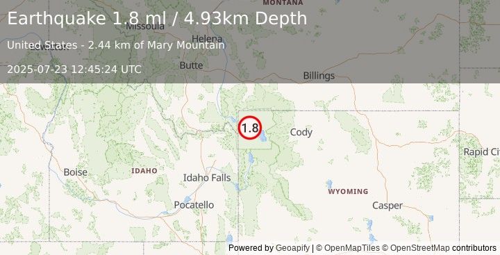 Earthquake 34 km E of West Yellowstone, Montana (1.8 ml) (2025-07-23 12:45:24 UTC)