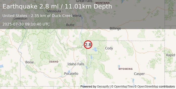 Earthquake 16 km NE of West Yellowstone, Montana (2.8 ml) (2025-07-30 09:10:40 UTC)