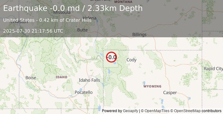 Earthquake 39 km SSE of Mammoth, Wyoming (-0.0 md) (2025-07-30 21:17:56 UTC)