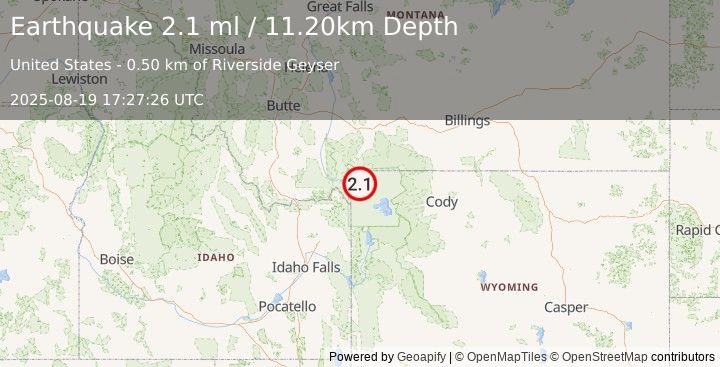Earthquake 22 km SSW of Mammoth, Wyoming (2.1 ml) (2025-08-19 17:27:26 UTC)