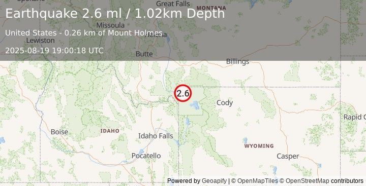 Earthquake 21 km SW of Mammoth, Wyoming (2.6 ml) (2025-08-19 19:00:18 UTC)