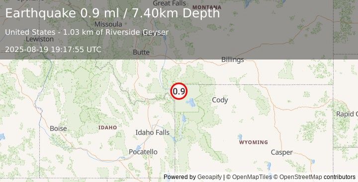Earthquake 23 km SSW of Mammoth, Wyoming (0.9 ml) (2025-08-19 19:17:55 UTC)