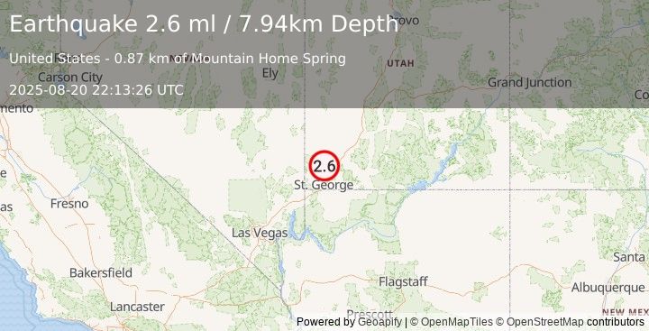 Earthquake 7 km NE of Central, Utah (2.6 ml) (2025-08-20 22:13:26 UTC)