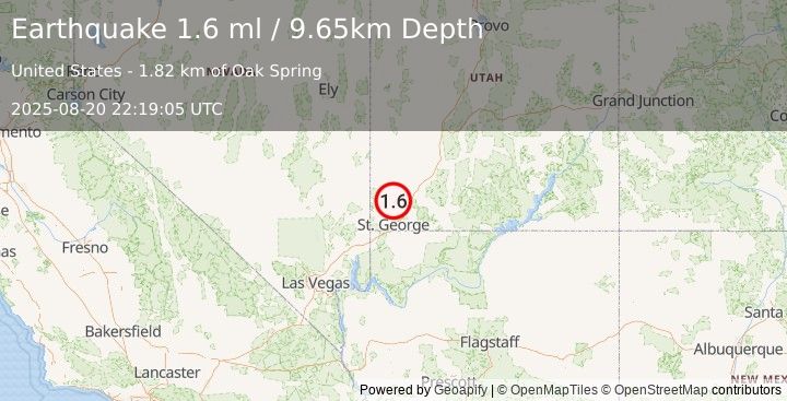 Earthquake 8 km NNE of Central, Utah (1.6 ml) (2025-08-20 22:19:05 UTC)