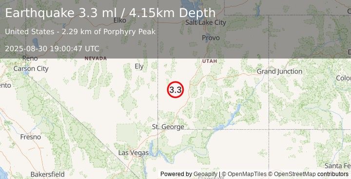 Earthquake 21 km W of Milford, Utah (3.3 ml) (2025-08-30 19:00:47 UTC)