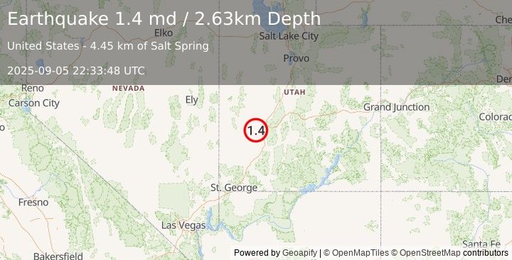 Earthquake 15 km NE of Milford, Utah (1.4 md) (2025-09-05 22:33:48 UTC)