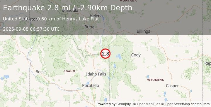 Earthquake 19 km N of Island Park, Idaho (2.8 ml) (2025-09-08 06:57:30 UTC)