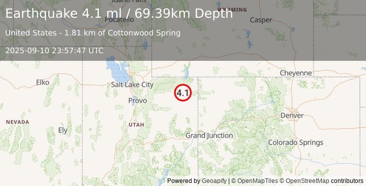 Earthquake 9 km W of Maeser, Utah (4.1 ml) (2025-09-10 23:57:47 UTC)