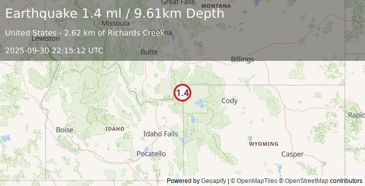 Earthquake 8 km E of Hebgen Lake Estates, Montana (1.4 ml) (2025-09-30 22:15:12 UTC)