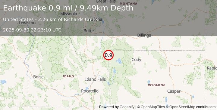 Earthquake 8 km E of Hebgen Lake Estates, Montana (0.9 ml) (2025-09-30 22:23:10 UTC)